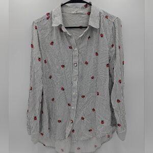 Jane & Delancey Ladybug Pinstripe Button Shirt large Rayon Boho White Eclectic